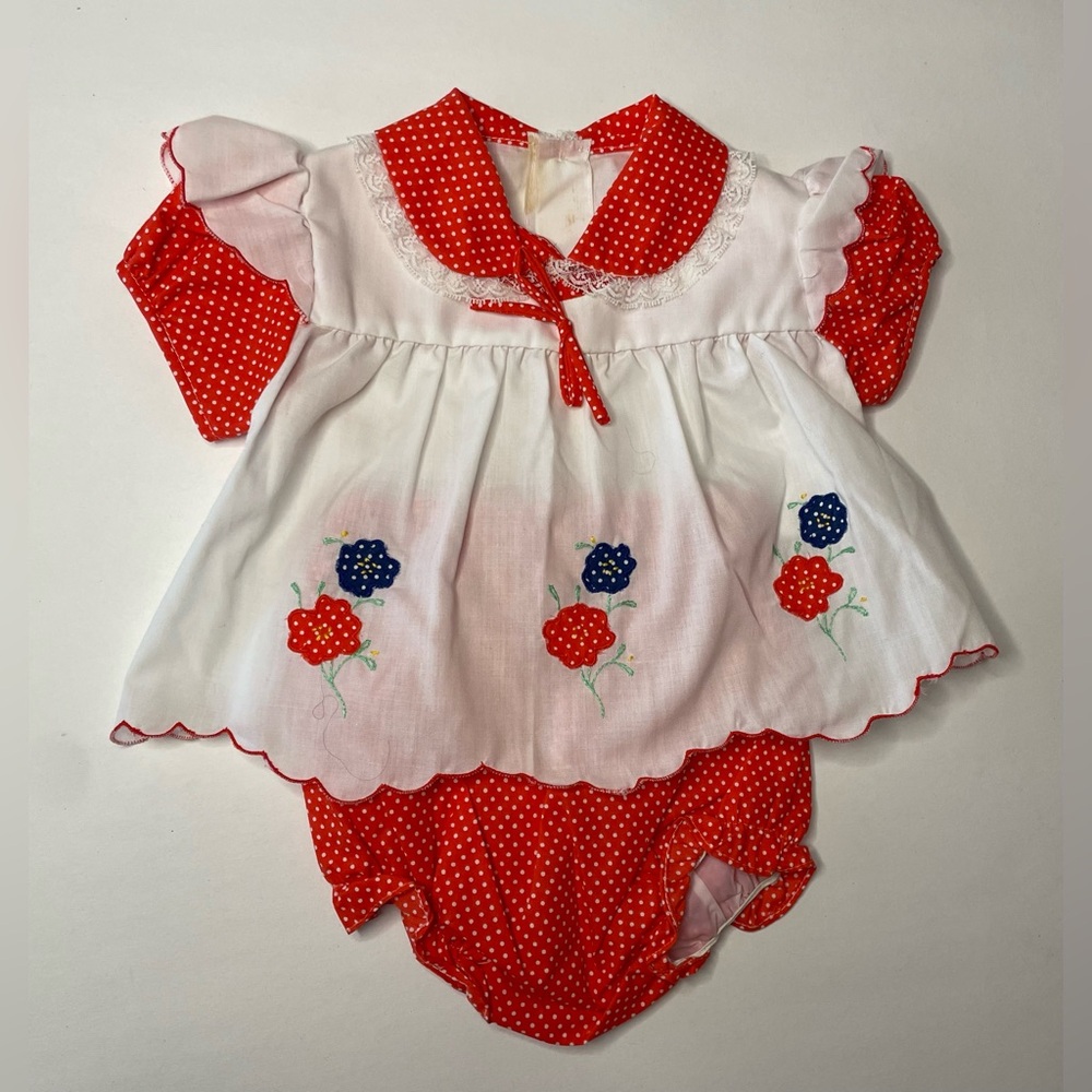 Vintage Red and White Baby Dress with Floral Embroidery